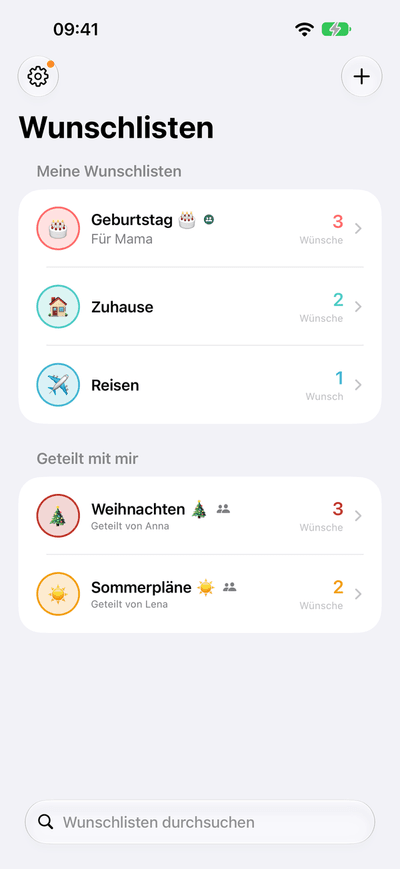 WunschIt: Übersicht der eigenen und geteilten Wunschlisten