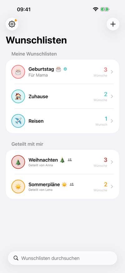 WunschIt: Übersicht der eigenen und geteilten Wunschlisten